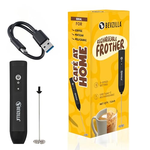 Bevzilla Rechargeable Electric Frother | 3-Speed Handheld Coffee Frother with Type-C Fast Charging | Ideal for Coffee, Matcha & Milkshakes | One-Touch Operation