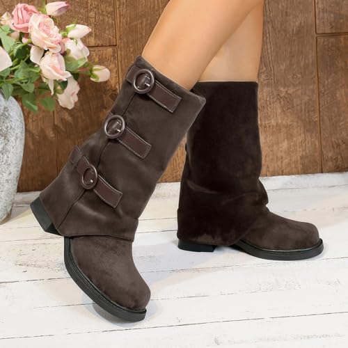 Bottes en daim mi-mollet à triple boucle et talon robuste noir - 5