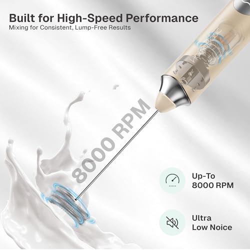 Image of HOMEBASIC Coffee Frother Electric Handheld, 3-Speed Milk Frother Rechargeable with Dual 304 SS Whisks, 8000 RPM Foam Maker for Latte, Cappuccino, Matcha, Eggs | Whisk Wave (Beige)