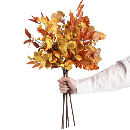 5Pcs Faux Fall Winter Oka Leaves Stems Floral Arrangements for Vases 23 Autumn Foliage Flowers Artificial for Decoration Thanksgiving Harvest Picks Branches Fall Decor Yellow Orange