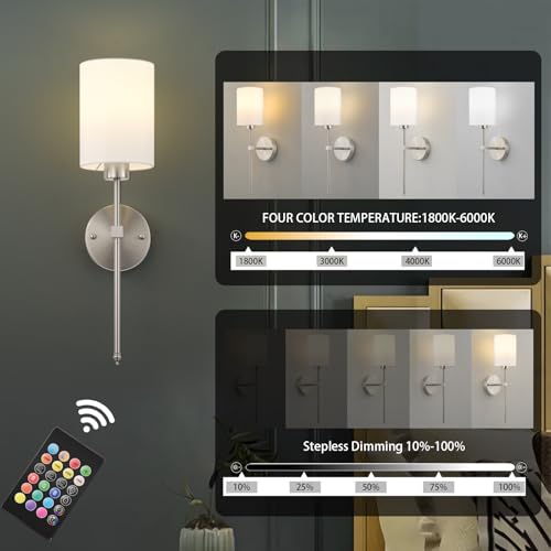 Image of Battery Operated Wall Sconces Set of Two,Wireless Rechargeable Wall Light With Remote Control, Dimmable, Amber Light /Warm White /Natural White /Daylight /RGB,Timer,for Living Room,Bedroom,Entryway,Nickel