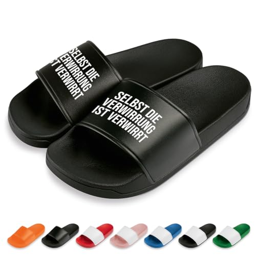 Prozente Momente Selbst die Verwirrung ist verwirrt Badelatschen | Slipper | Schlappen | Hausschuhe | Pantoletten | Unisex | Lustige Sprüche | Party | rutschfest | Schwarz | Größe 39