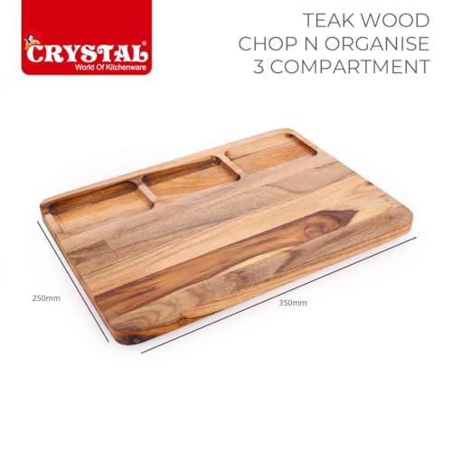 Image of Crystal Teak Wood Chopping Board with 3 Compartments | Chop & Organise | Perfect for Vegetables, Fruits & Bread | Large (35 * 25 * 1.8 Cm) | Handcrafted & Eco-Friendly Reversible Cutting Board