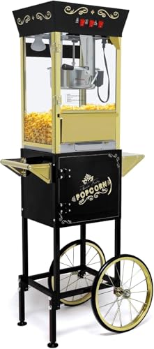12oz Popcorn Machine Cart, Popcorn Cart with Wheels, Vintage Popcorn Machine with Stainless Steel Kettle, Movie Theater Style for Party, Black
