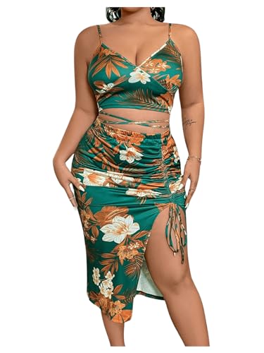WDIRARA Women's Plus Size 2 Piece Outfits Floral Print V Neck Crisscross Cami Top and Split Thigh Skirt Set