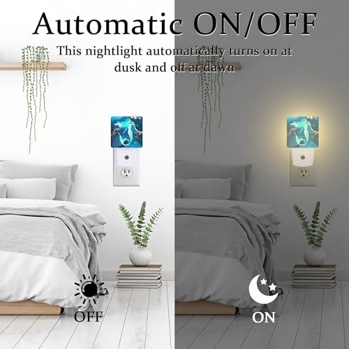 Image of Watercolor Turquoise Mermaid Night Light for Kids,Navy Blue Golden Marble Night Light Plug in with Dusk to Dawn Sensor,0.5w Energy Saving Nightlight for Hallway Stairway Kitchen Bedroom