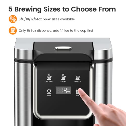 Image of Horavie Single Serve Coffee Maker for K-Cup Pod and Grounds, Hot & Iced Coffee Maker, Strong Button Feature, 6 to 14oz Brew Sizes, 50oz Removable Tank, Up to 6.5 Inch Mug, Stainless Steel, Black