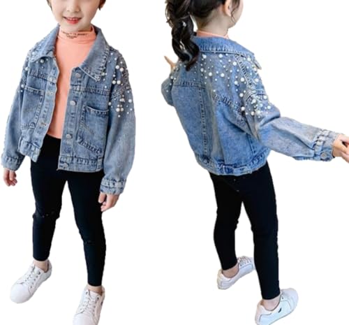 Girls' Classic Pearls Denim Trucker Jacket Kids Button Down Jeans Coat Outwear