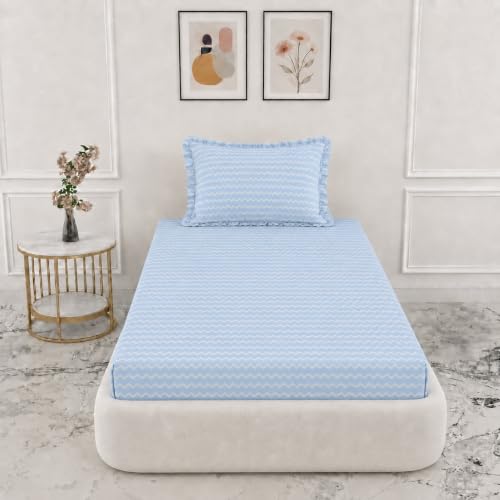 Image of VOMZER Single (36x72) 300 TC Soft Cotton Feel Microfiber All Around Elastic Fitted Single Bedsheet with 1 Frill Pillow Covers | Blue Zig Zag