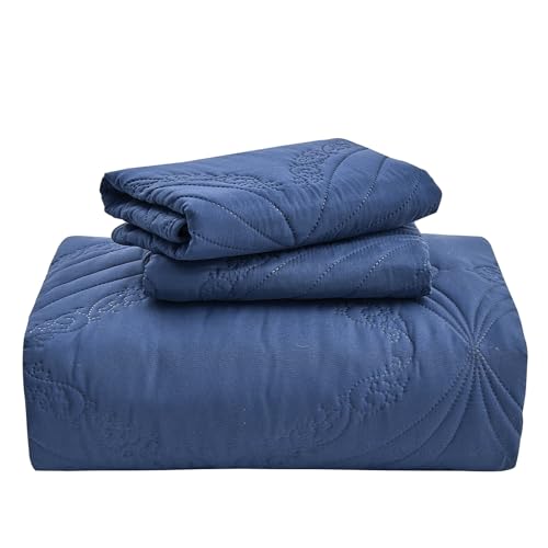 Image of Kingnex Oversized King Bedspreads 128x120 for Tall King or Cal King Bed Ultrasonic Quilted Coverlet Set 3 Piece Include 1 Extra Wide Quilt 2 Pillowcases Navy