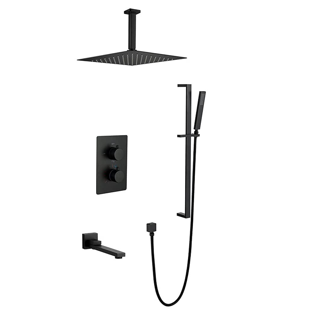 AYCDL Shower System Thermostatic Black Concealed Bathroom Rain Mixer Shower Set with 10-12 Inch Square Rainfall Shower Head and Tub Taps and Slide Bar Ceiling Mounted,size_name-12 Inch