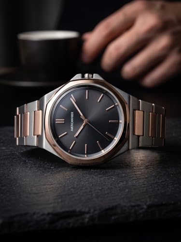 Image of AMERICANVIBER Modern Analog Watch, Silver and Black Two-Tone Stainless Steel Band, Octagonal Case, White Dial for Men