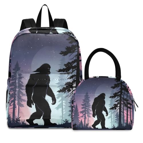 Backpack Lunch Box Set Large Capacity Travel Backpacks and Insulated Lunch Bag for Commute Hiking Picnic Silhouettes Sasquatch Print