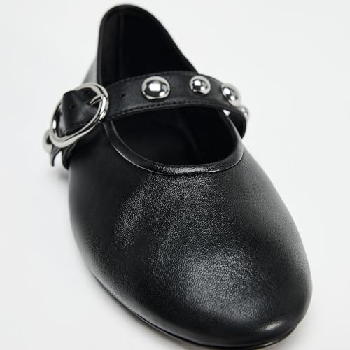 keleimusi Studded Leather Ballet Flat for Women Round Toe Buckle Strap Slip On Mary Jane Flats Comfortable Casual Fall Ballerina Shoes3