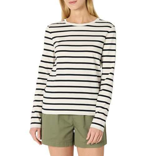 Amazon Essentials Women's 100% Cotton Regular-Fit Long-Sleeve Crewneck T-Shirt, Eggshell White Black Mariner Stripe, Large