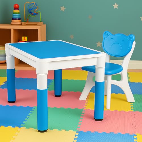 Image of Amazon Brand - Supples Kids Study Table and Chair Set | Durable & Multi-Purpose | Plastic Table & Chair Set for 2+ Years Baby | Rectangular Shape | White & Blue