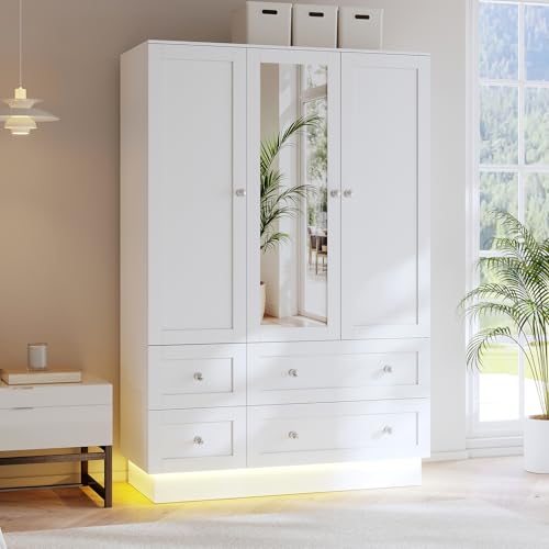 VOWNER Wardrobe Closet with 3 Doors Bedroom Armoire with Mirror & 4 Drawers