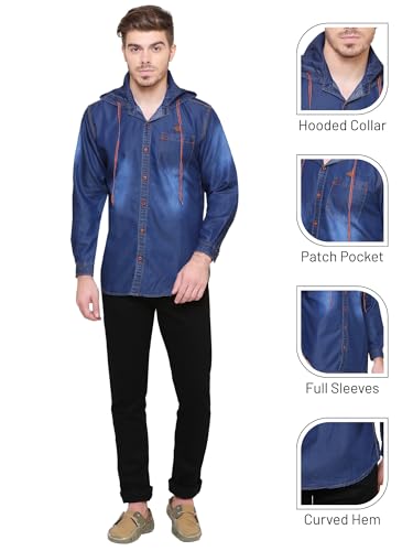 Image of Kuons Avenue Men's Denim Hooded Casual Shirt | Full Sleeve | Regular Fit | Hooded Collar - Stylish Everyday Wear