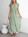 CUPSHE Women's Maxi Dress Wrap V Neck Short Flutter Sleeve Ruffled Hem Belted Summer Long Dresses Sage Green S - Image 5