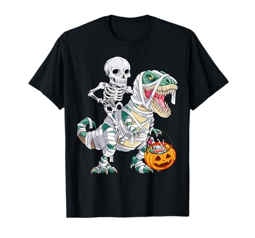 Skeleton riding mummy dinosaur t rex halloween kids boys men t-shirt