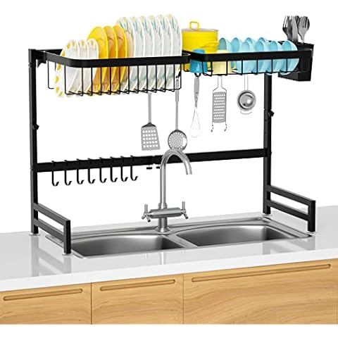 MERRYBOX Over The Sink Dish Drying Rack, SS65-03 Adjustable Length (25.6-33.5in) and Height Over Sink Dish Rack, Dish Drainer with Dishware Holder & Hooks for Kitchen Sink Organizer Space Saver Cover