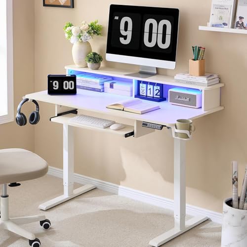 OKD 48' Electric Standing Desk Adjustable Height, Sit Stand Up Desk with Keyboard Tray, Power Outlets, LED Lights & Monitor Shelf - Ergonomic Desks for Home Office, Work & Gaming, Antique White