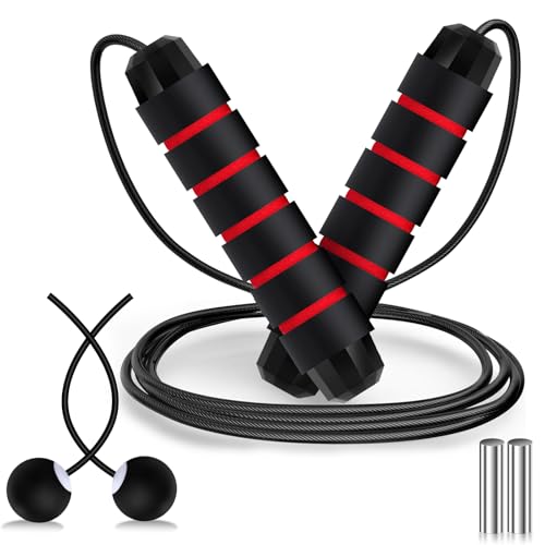 Image of Vinsot Weighted Cordless Jump Rope Ropeless Jump Rope 2 in 1 Adjustable Length Skipping with Ball and Soft Handles for Women Men Adult Fitness Workouts Exercise Training(Red)