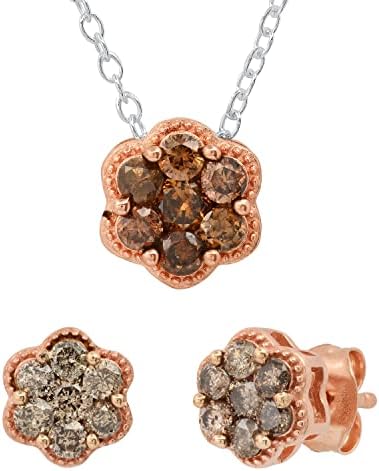 Dazzlingrock Collection 1 Carat (ctw) Round Champagne Diamond Seven Stone Flower Milgrain Edge Earrings &amp; Pendant for Women | Available in 10K/14K/18K Gold &amp; 925 Sterling Silver