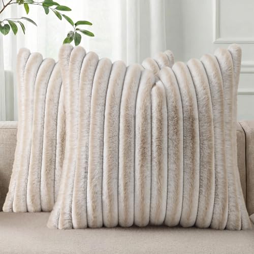 Image of Pallene Faux Fur Plush Throw Pillow Covers 16x16 Set of 2, Luxury Soft Fluffy Striped Decorative Pillow Covers for Sofa, Couch, Living Room, Ombre Beige