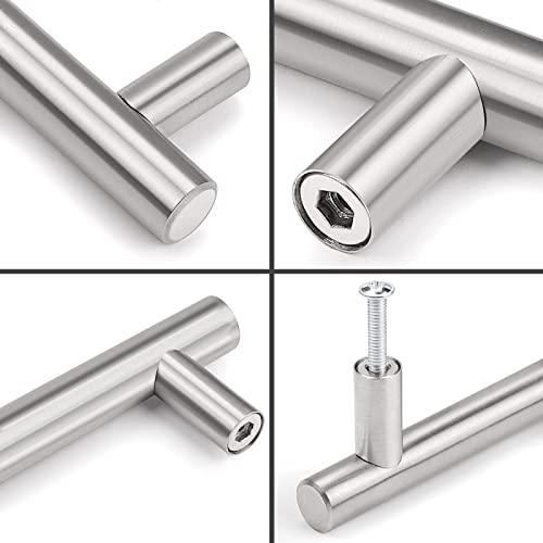 Image of Probrico 20 Pack| 5 Inch Hole Centers Kitchen Cabinet Pulls Brushed Nickel Euro Style T Bar Handles Cupboard Stainless Steel Modern Cabinet Hardware