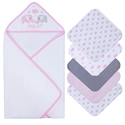 Image of saftan Baby Bath Hooded Towels Set with 5 Baby Washcloths, Super Soft and Absorbent Baby Towel and Face Cloths for Newborn, Baby Essentials for Newborn Boys and Girls, Pink Elephant