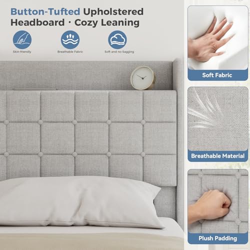 Image of King Size Storage Bed Frame, Square Tufted Headboard, Platform Bed with 2 Underbed Drawers at Foot, Wooden Slats Support, No Box Spring Needed, Light Gray