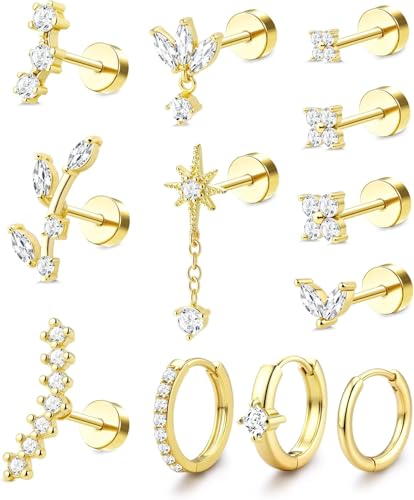 MILACOLATO 12 Pièces Piercing Oreille Boucles D'oreilles Pour Femmes Plaqué Or 14K Argent Helix Cartilage Tragus Conch Acier Inoxydable Chirurgical Petits...