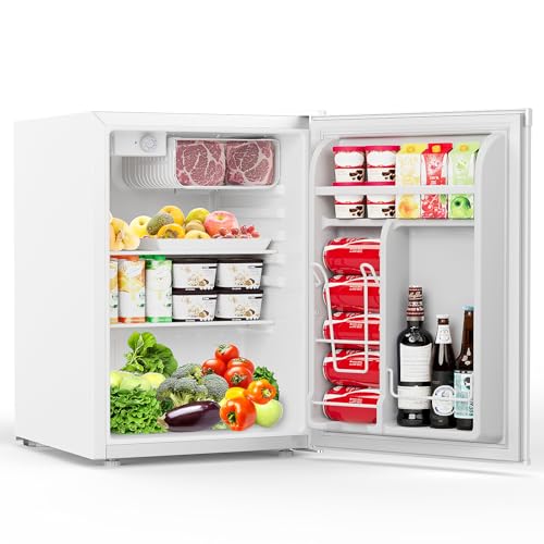 Image of COWSAR 2.6 Cu.Ft Mini Fridge with Freezer, Quiet Reversible Door Compact Refrigerator, Small Refrigerator with 2 Removable Shelves, Adjustable Thermostat, for Office, Bedroom, Dorm, White