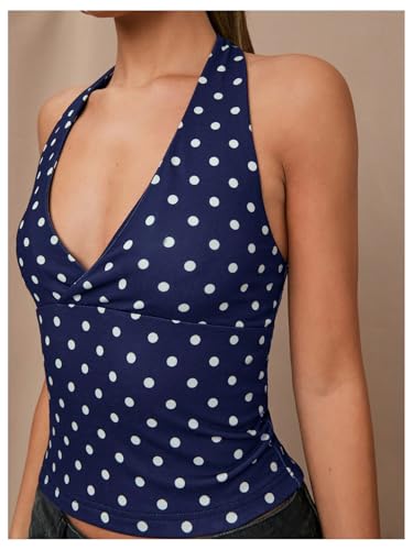SweatyRocks Women's Polka Dots Print Halter Tops Going Out Backless Deep V Neck Summer Top3