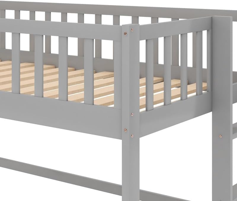 Twin Loft Bed with Slide and Ladder, Modern Low Loft Bed with Safety Guardrail, Pine Wood Twin Bed Frame with Slat Support, Space-Saving Loftbed No Box Spring Needed, Noise Free, Grey