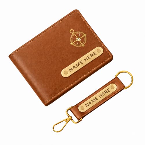 Image of Premium Customized Wallet & Keychain Combo for Men - Stylish Nexon Leather Gift Set with Personalized Name & Charm - Ideal Birthday, Anniversary & Festival Present (Tan Brown)