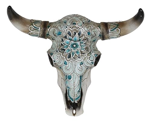 Ebros Gift Western Turquoise Floral Horned Cow Skull Wall Decor Plaque Sculpture Wildlife Bisons Bulls Spirit Totem Accent Sculpture cover
