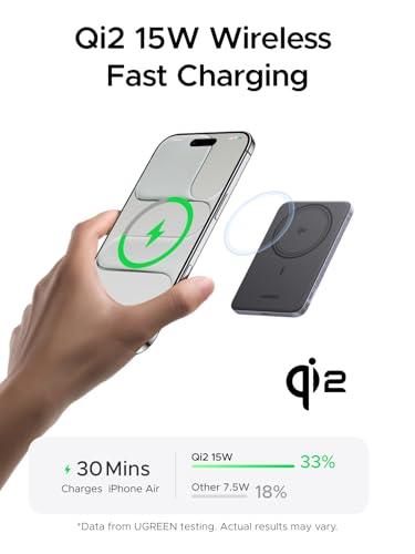 Image of UGREEN Magflow Air QI2 Power Bank, 8.6mm Ultra-Slim 5000mAh Magnetic Battery, 20W PD Fast Charging Portable Charger, MagSafe-Compatible External Battery for iPhone 17 /16 /15 /14 Series, Grey