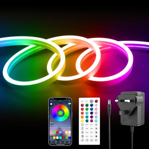 ShineBurky 5M RGB LED Strip Light, 12V Outdoor Neon Rope Lights Kit, App/Remote Control, Music Sync, Colour Changing, Waterproof Cuttable Lights for Bedroom Gaming Room TV Backlight Ceiling Wall Decor