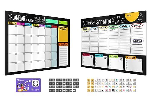 Planejadores Mensal/Semanal Dinâmicos 50x80 + 91 Imãs + Tecnologia - Kit Organizador Calendário, To Do List de Tarefas e Obrigações