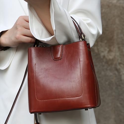Image of BOYATU Genuine Leather Bucket Bag for Women: Trendy Designer Satchel Crossbody Purse - Casual Top-Handle Handbags for Commute