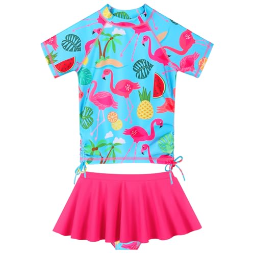 Image of BAOHULU Girls Two Piece Swimsuits Rash Guard Ruffle Bikini Skirt Short Sleeves Beach Dress Swimwear UPF 50+ 3-12Y
