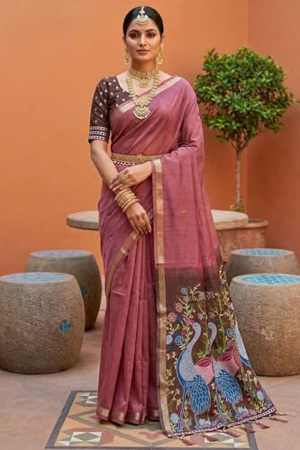 Image of SGF11 Women's Soft Cotton Linen Silk Saree With Unstitched Blouse Piece
