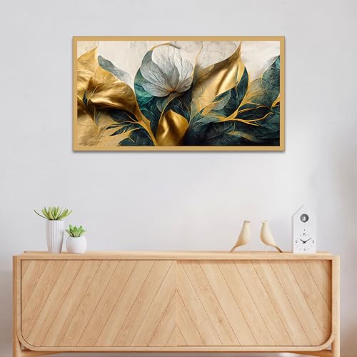 Image of DEKORSTATION Luxurious Golden Flower Canvas Art Elegant Floating Framed Painting for Bedroom, Living Room, Drwaing Room Wall Decoration Size : 12x24 Inches