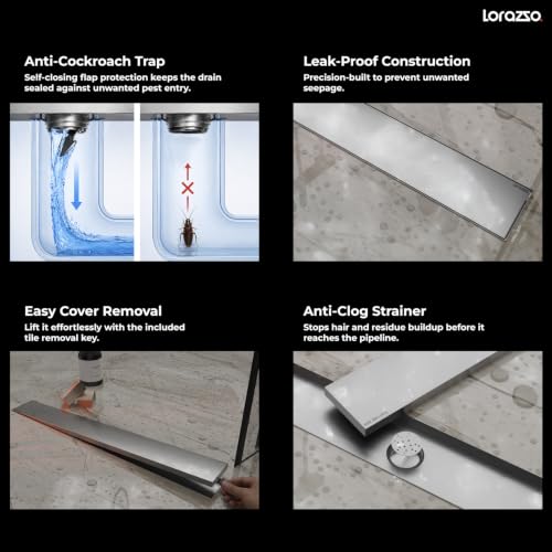 Image of Lorazzo Linea Tile-Insert SS304 Shower Drain Channel 24x4 Inch | Built-in Cockroach Trap | Stainless Steel Floor Drain | Silver Finish | Bathroom Shower Drain | 10 Year Warranty