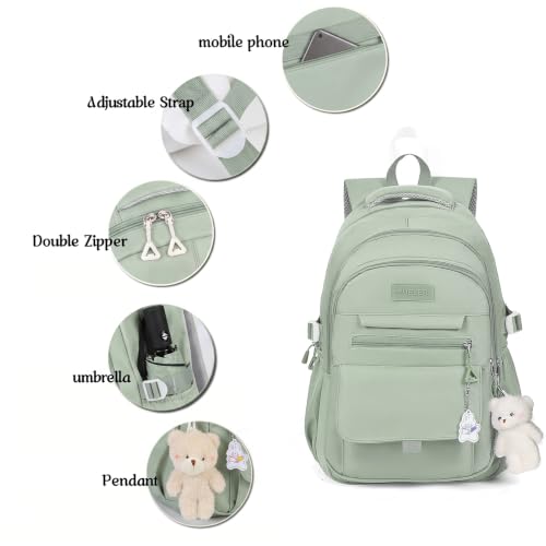 Image of PRLINJSK Girls Backpack for College High Middle School Student, Cute Aesthetic Bookbag for Teens Women with Accessories,Green