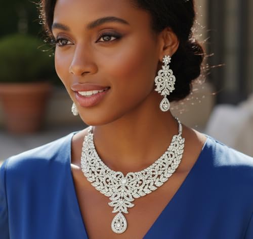 Touchstone Hollywood Glamour Pretty Filigree Paisley Motif Rhinestones Studded Diamond Look Designer Bridal Jewelry Hasli Necklace Set For Women In Antique Gold or White or Silver Tone. - Image 5