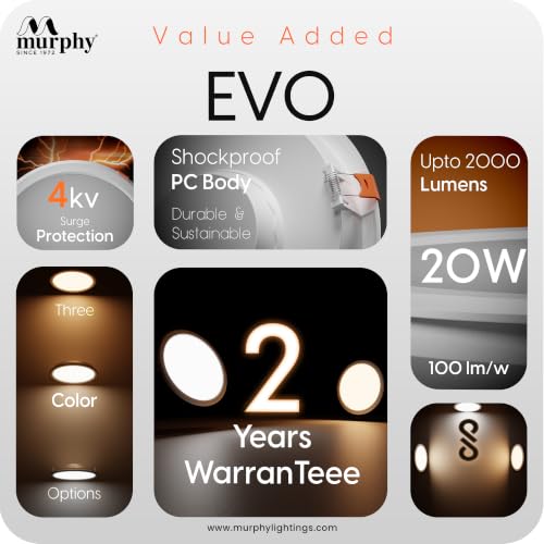Image of Murphy EVO 20W Round LED Panel Light | 3000K Warm White| Recessed Ceiling Light | 2000 Lumens | 210mm Cutout | 4kV Surge Protection | BIS Approved |2-Year Warranty | Pack of 12