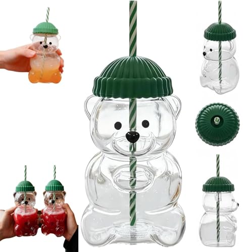 Hehimin Tasse en verre avec paille en forme d'ours, mignonnes tasses avec couvercles et pailles, verrerie pour boissons de café, bière, vin, cocktail, tasses...
